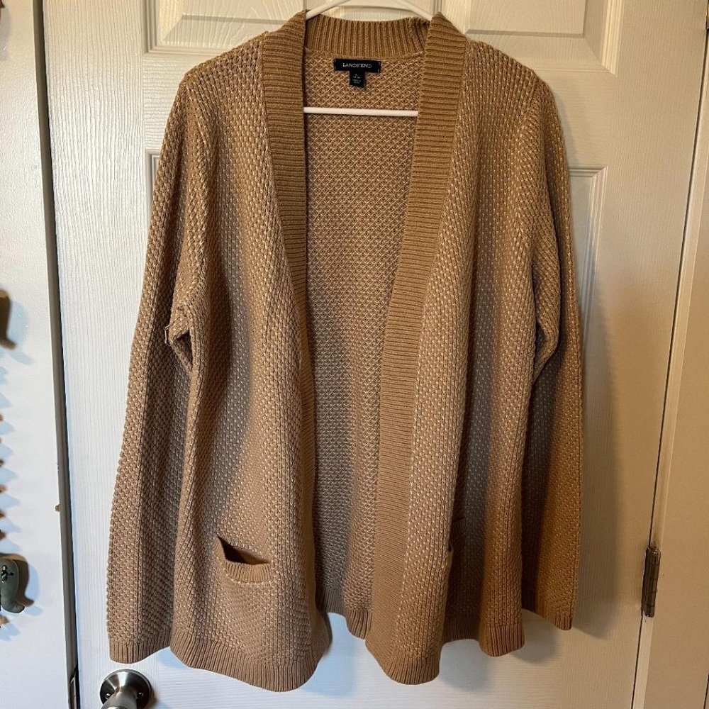 Lands' End Women's Open Front Camel and White Cardigan, Large